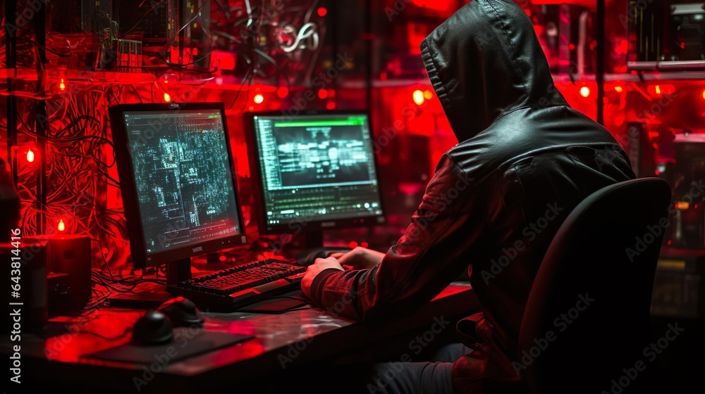 Shrouded in a hooded jacket and immersed in a labyrinth of computer wires and hardware, a hacker hones in on his target. This intricate setup serves as the nerve center for his clandestine operations.