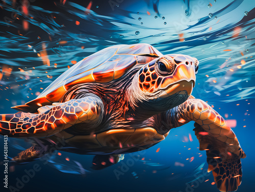 Underwater wild sea turtle swimming at high speed, with colorful background. Generative AI