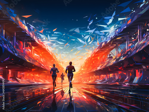 Silhouettes of athletes and sprinters running on the track at the Olympic stadium. The concept of victory and winning. Olympic Games. Generative AI © Daniel