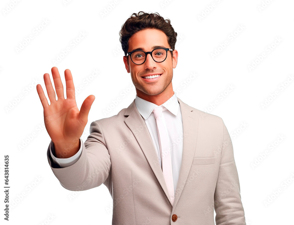 Smart young man dressed with elegant suit and making stop sign with hands. Isolated transparent background Smart young man dressed with elegant suit and making stop sign with hands. Isolated transparent background
