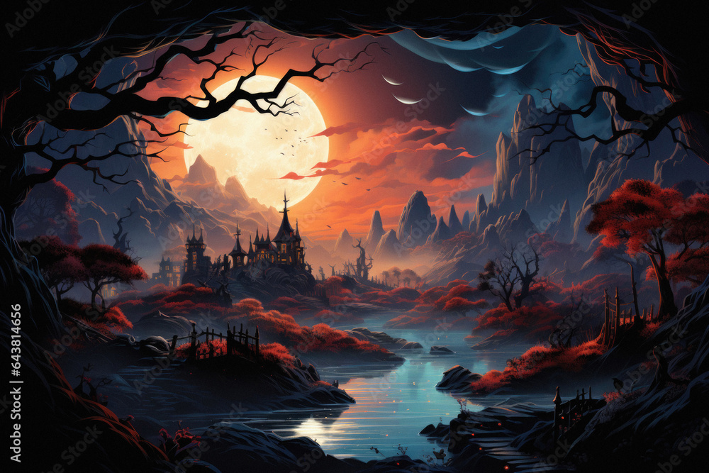 Happy Halloween spooky scary moon night scene horror landscape background. Creepy dark forest woods trees, moon and Happy Haloween ghosts gothic mysterious sky moonlight gloomy scenery backdrop.