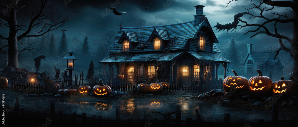 Halloween spooky background, scary pumpkins in old big creepy Happy Haloween ghosts horror house evil haunted castle scene. Creepy dark gothic mysterious night dark backdrop concept.