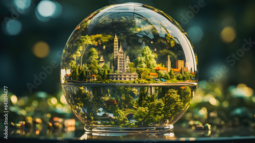 Forests and the city enclosed in a glass ball. Environmental Protection. Ecology. The concept of taking care of our planet. Generative AI