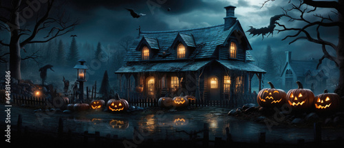 Halloween spooky background, scary pumpkins in old big creepy Happy Haloween ghosts horror house evil haunted castle scene. Creepy dark gothic mysterious night dark backdrop concept. © Synthetica