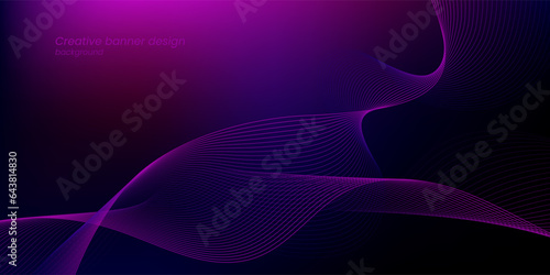 Dark minimalistic background with subtle waves. Design element of harmonious moving lines. Modern purple blue gradient smooth wave lines. Futuristic technology concept.