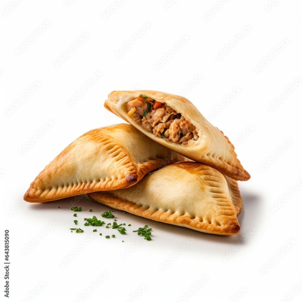 Photo of delicious empanadas with a meat filling and fresh parsley garnish