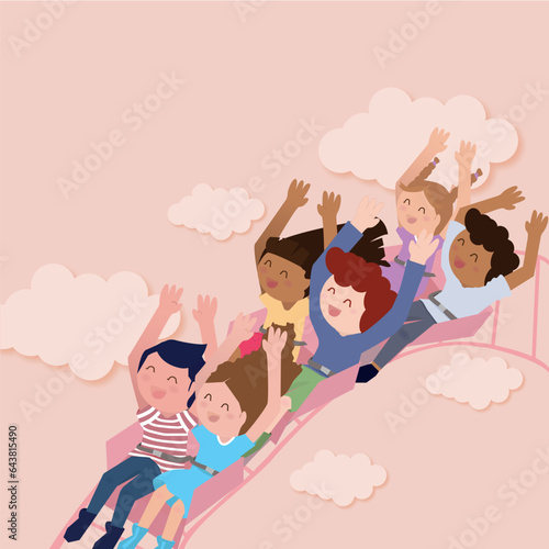 ILUSTRACIÓN INFANTIL DE NIÑOS DISFRUTANDO EN UNA MONTAÑA RUSA CON NUBES