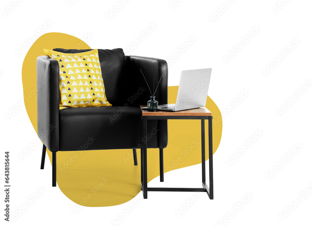 Obraz premium Modern leather armchair and table with laptop on white background