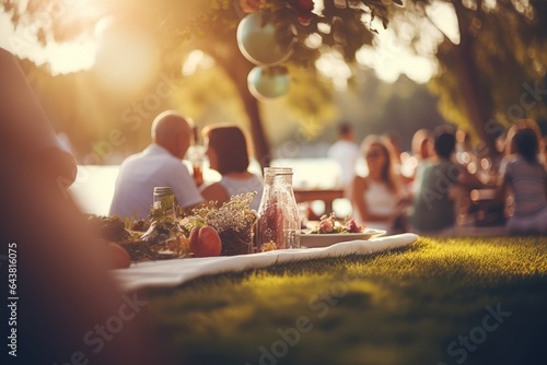 Family Picnic at a Park, Outdoor Gathering, Blurred Background, Soft Focus, For Text Overlay - AI Generated