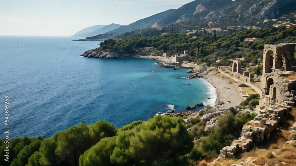 Ancient ruins overlooking a tranquil Mediterranean coastline
