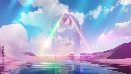 3d render, modern abstract background. Surreal fantastic landscape. Blue sky with white clouds, pink sand dunes, calm water and chrome arch. Fantasy wallpaper with neon geometric triangular frame