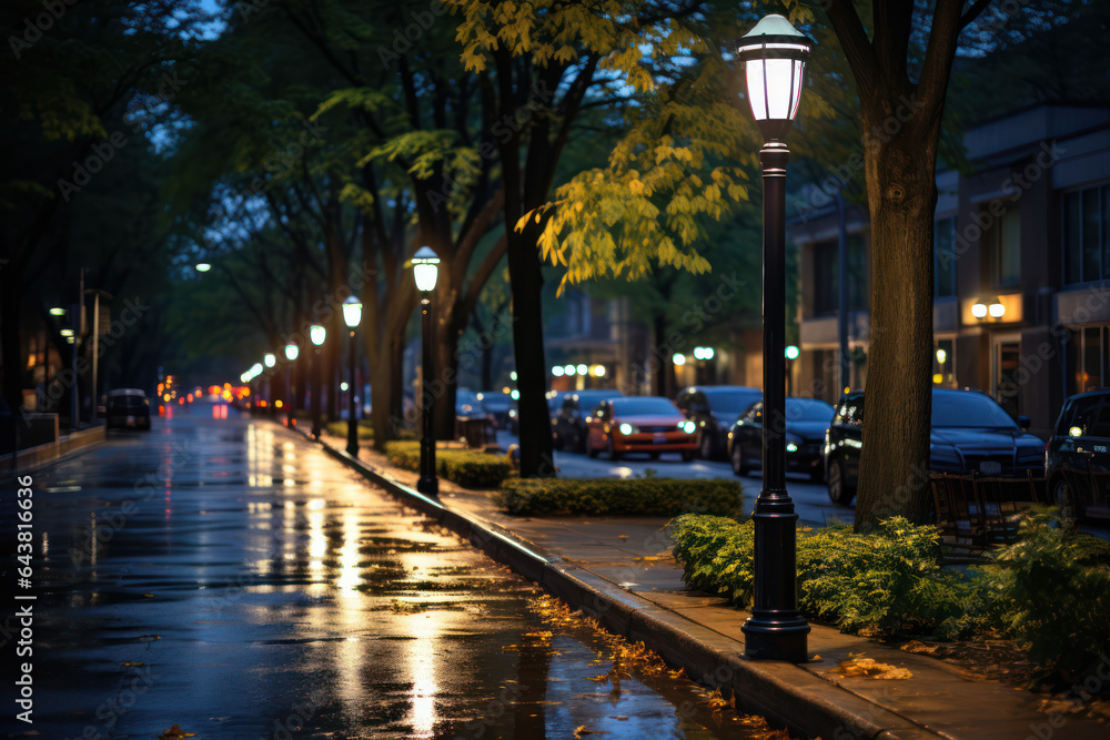 Energy-Efficient Lighting. LED streetlights illuminating a city, illustrating the adoption of energy-saving measures for a sustainable climate. Generative Ai.