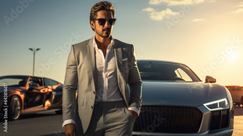 Businessman posing in front of his luxury car