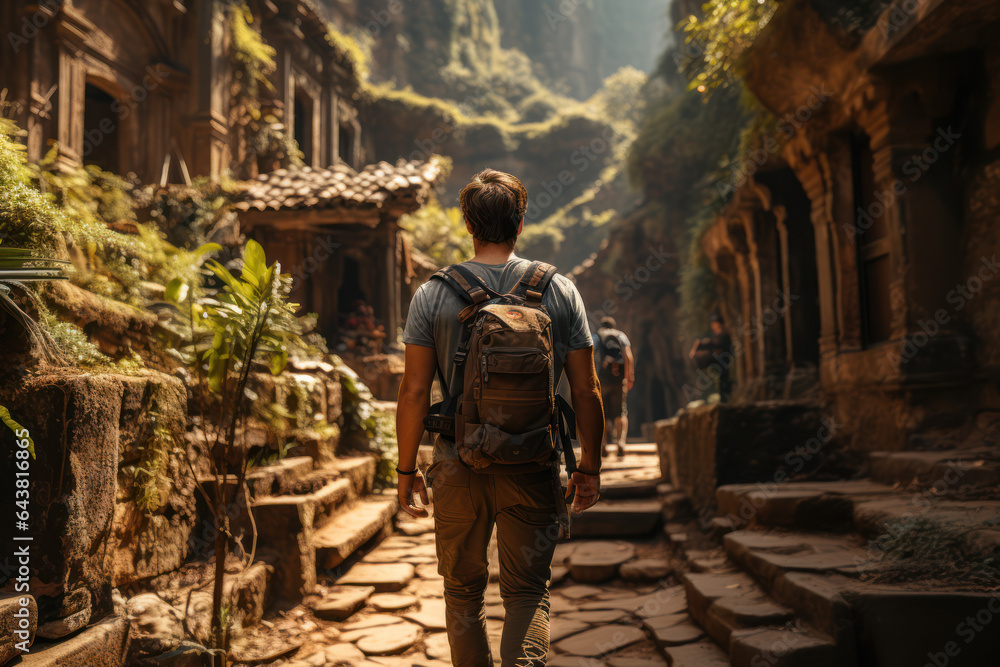 Fototapeta premium Historic Ventures. Tourist exploring ancient ruins, illustrating the interest to go everywhere and uncover history. Generative Ai.