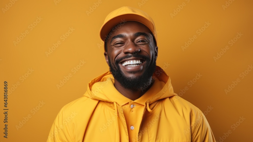 Cheerful african american man posing in front of yellow background in studio Cheerful african american man posing in front of yellow background in studio