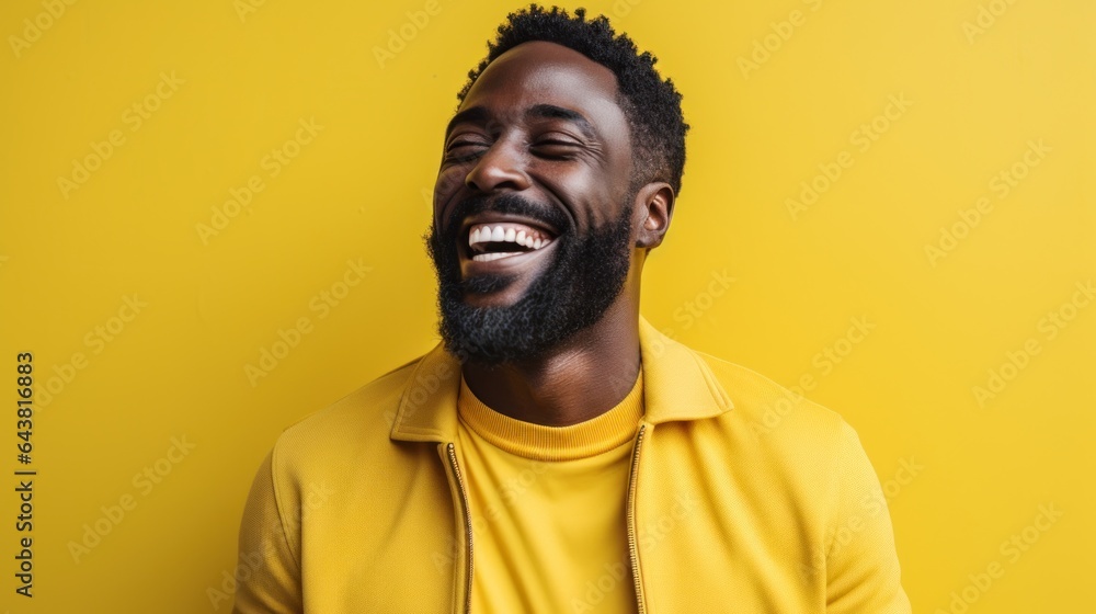 Cheerful african american man posing in front of yellow background in studio Cheerful african american man posing in front of yellow background in studio