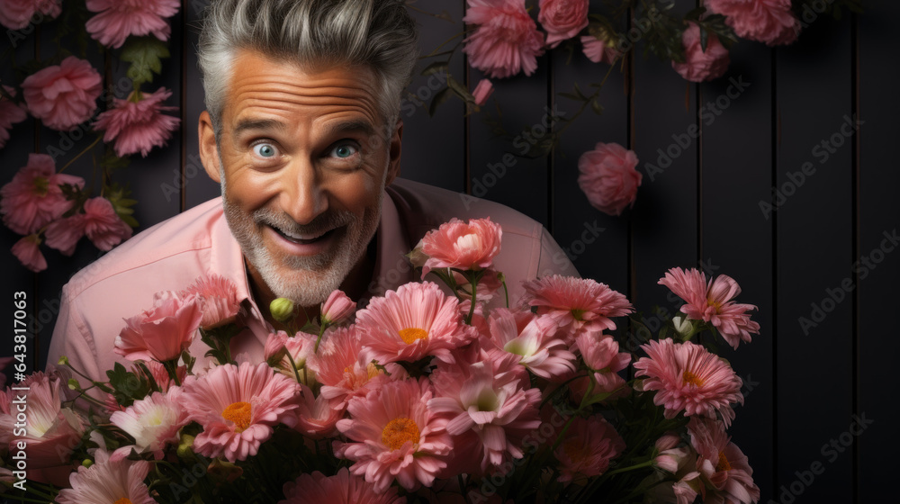 Gift surprise. Cute and romantic mature man surprises his girlfriend by giving her flowers Gift surprise. Cute and romantic mature man surprises his girlfriend by giving her flowers