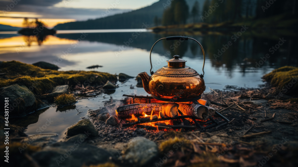 Metal kettle on campfire overlooking forest lake Metal kettle on campfire overlooking forest lake