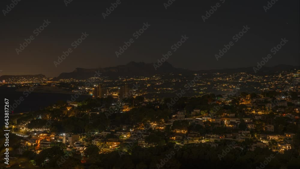Timelapse shot of a Spanish city at night with lights and moving cars, while shooting stars pass by Timelapse shot of a Spanish city at night with lights and moving cars, while shooting stars pass by