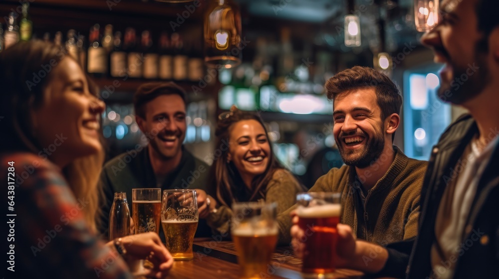 Group of cheerful friends with beers at the bar