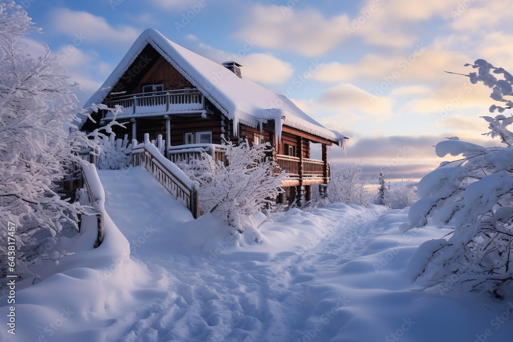 Snow covered wooden house at winter season 