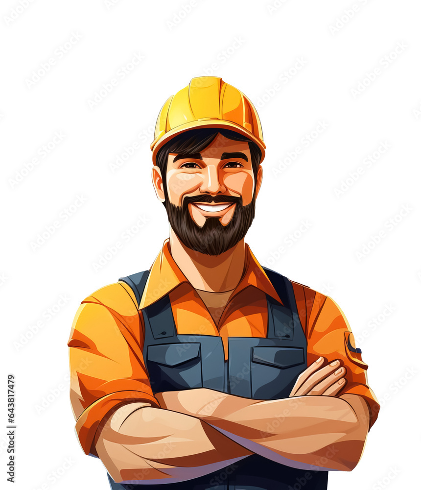 illustration of smiling male handyman with beard and helmet standing with his arms crossed on chest, png on transparent background illustration of smiling male handyman with beard and helmet standing with his arms crossed on chest, png on transparent background