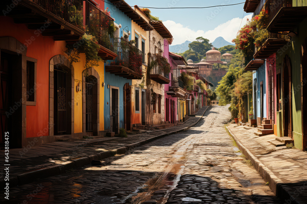 Colonial Charm. Picturesque cobblestone streets and colorful buildings define the character of My Latin America. Generative Ai.