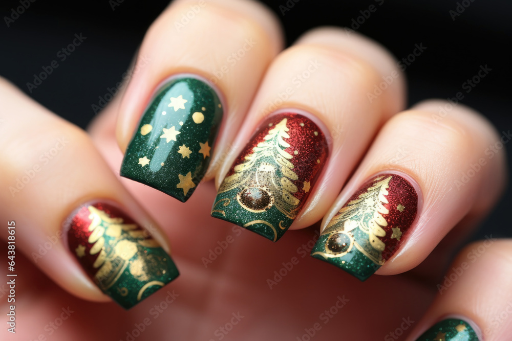 Winter holiday nail art with Christmas ornaments Winter holiday nail art with Christmas ornaments
