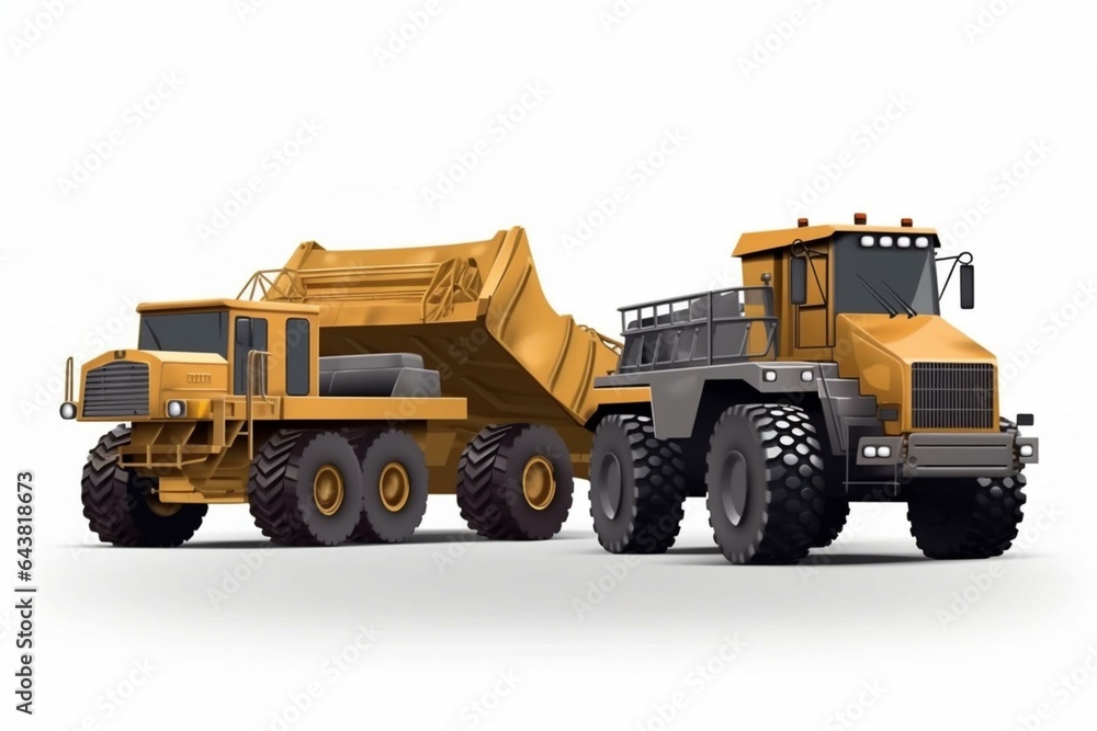 Close-up of mining dump truck and bulldozer loader for earthworks on white background. Element for design. Generative AI