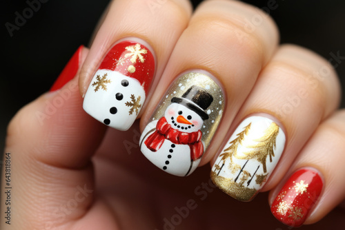 Foto Winter holiday nail art with Christmas ornaments