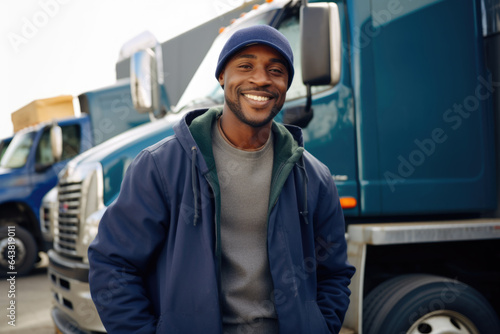 Man stands confidently in front of massive truck, showcasing strength and determination. This image can be used to depict concepts such as transportation, industry, power, and confidence.