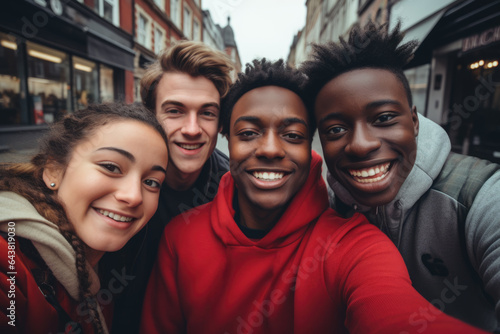 Group of young people capturing moment with selfie. Perfect for social media posts and digital marketing campaigns. © vefimov