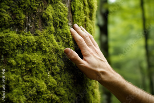 Person is seen reaching out to touch tree trunk covered in lush green moss. This image can be used to depict nature, tranquility, or beauty of forest.