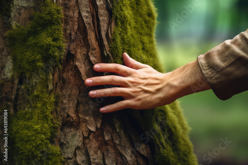 Picture of person gently touching tree trunk covered in moss. This image can be used to portray connection with nature or beauty of outdoors.