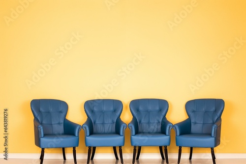 A row of blue armchairs on a yellow background with copy space. Generative AI