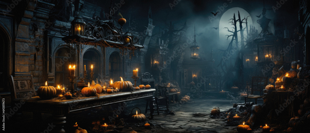 Halloween spooky background, scary pumpkins with smoke in old big creepy Happy Haloween ghosts horror house inside big empty foggy room. Creepy october dark smoky mysterious night backdrop concept.