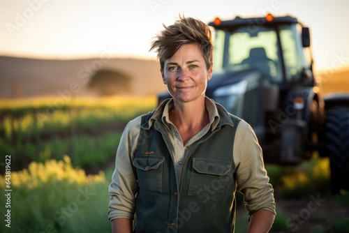 Smiling portrait of a middle aged female farmer working and living on a farm with a tractor in the background