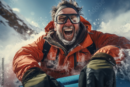 A person captures the excitement of tubing down a snowy hill, experiencing the thrill of speed and laughter during a winter adventure. Generative Ai.