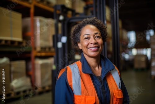 Smiling portrait of a happy female warehouse worker working in a warehouse