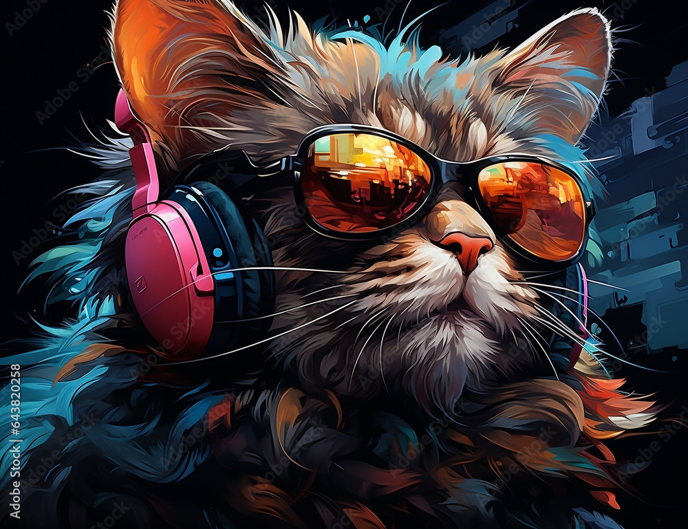 cat wearing sunglasses listening to music, dark turquoise, wimmelbilder