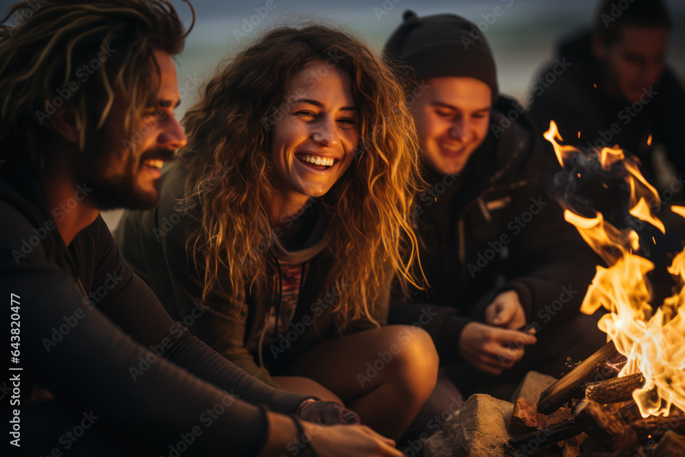 A group of friends enjoying a bonfire on the beach, with waves crashing nearby. Generative AI. A group of friends enjoying a bonfire on the beach, with waves crashing nearby. Generative AI.