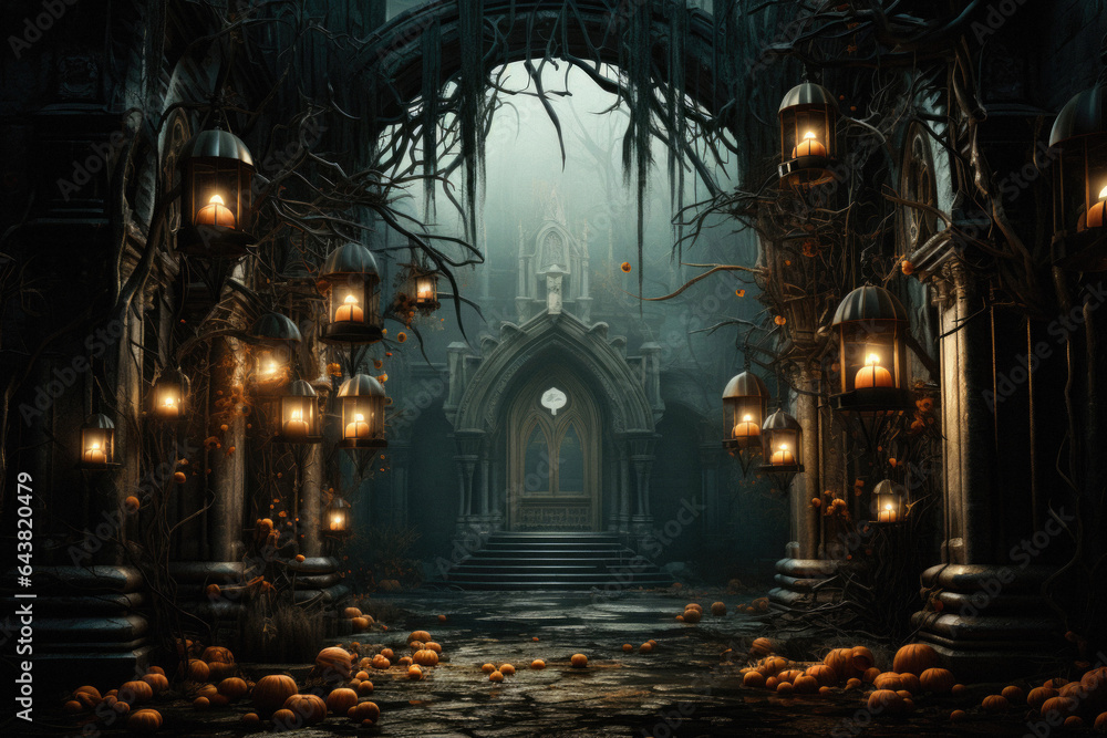 Obraz premium Halloween spooky background, scary pumpkins in old big creepy Happy Haloween ghosts horror house evil haunted castle scene. Creepy dark gothic mysterious night dark backdrop concept.