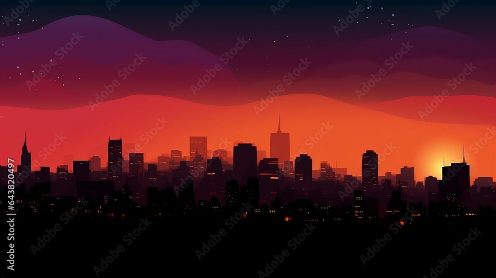 A detailed city skyline at sunset or nighttime

