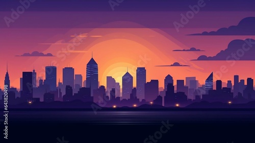 A detailed city skyline at sunset or nighttime 
