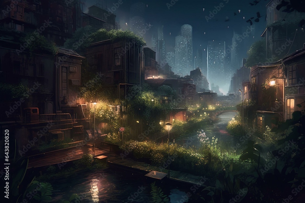 A tranquil nocturnal cityscape surrounded by flourishing greenery and luminous lights. Generative AI