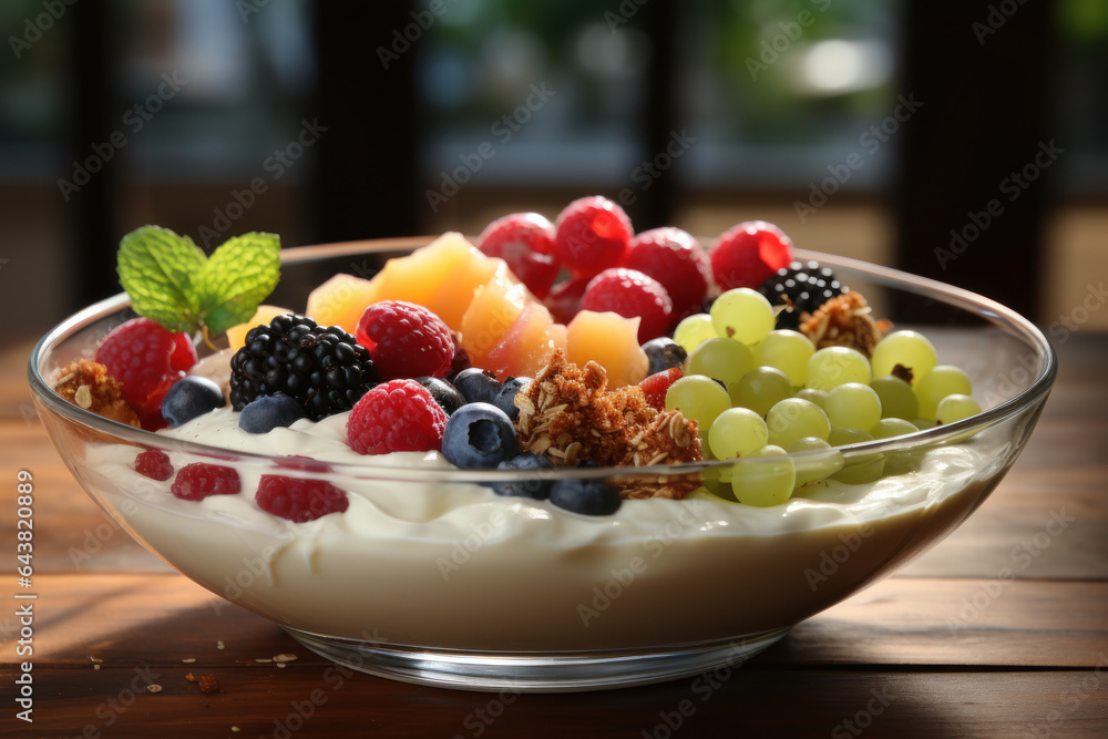 Nutritious Breakfast. Bowl of yogurt topped with fruits and granola, embodying the importance of a balanced morning meal. Generative Ai. Nutritious Breakfast. Bowl of yogurt topped with fruits and granola, embodying the importance of a balanced morning meal. Generative Ai.