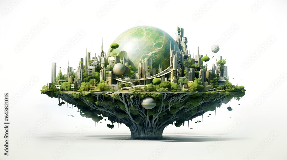Green Utopia, An Ethical Vision of Organic Cities on a Dappled Planet, Green Earth - Generative AI - obrazy, fototapety, plakaty 