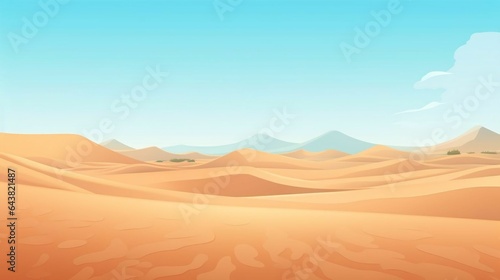 A vast desert landscape with sand dunes and a clear sky