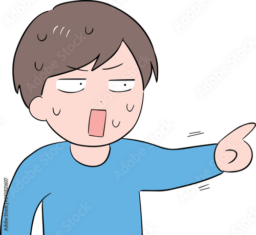  困り顔で驚きながら指差す私服の若い男性(上半身)