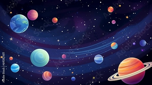 An illustration of outer space with planets, stars, and a spaceship